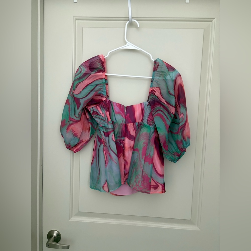Amanda Uprichard Pink & Seafoam Marble Square-Neck Peplum Top - Picture 3 of 6